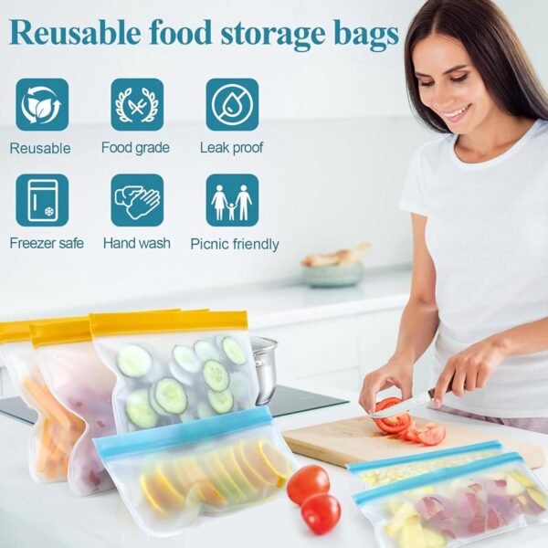8 Pack Reusable Gallon Bags Dishwasher Safe, Silicone Leakproof Reusable Freezer Bags, BPA Free Reusable Food Storage Bags for Candy, Snack, Cereal, Travel Items, Home Organization（Blue） - Image 5