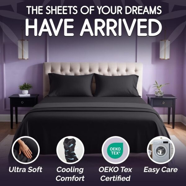 SLEEP SANCTUARY 100% Organic Viscose Derived from Bamboo Sheets King Size 4pcs - Ultra Soft & Luxuriously Cooling, 17" Deep Pocket, Perfect for Hot Sleepers - King Bed Sheets (Charcoal) - Image 2
