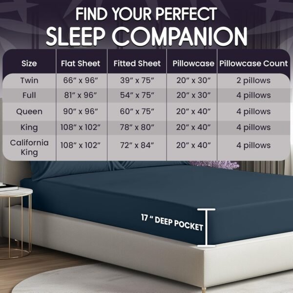 SLEEP SANCTUARY 100% Organic Viscose Derived from Bamboo Sheets Queen Size 6pcs - Ultra Soft & Cooling, 17" Deep Pocket, Double Stitching, Perfect for Hot Sleepers - Queen Bed Sheets (Navy Blue) - Image 5