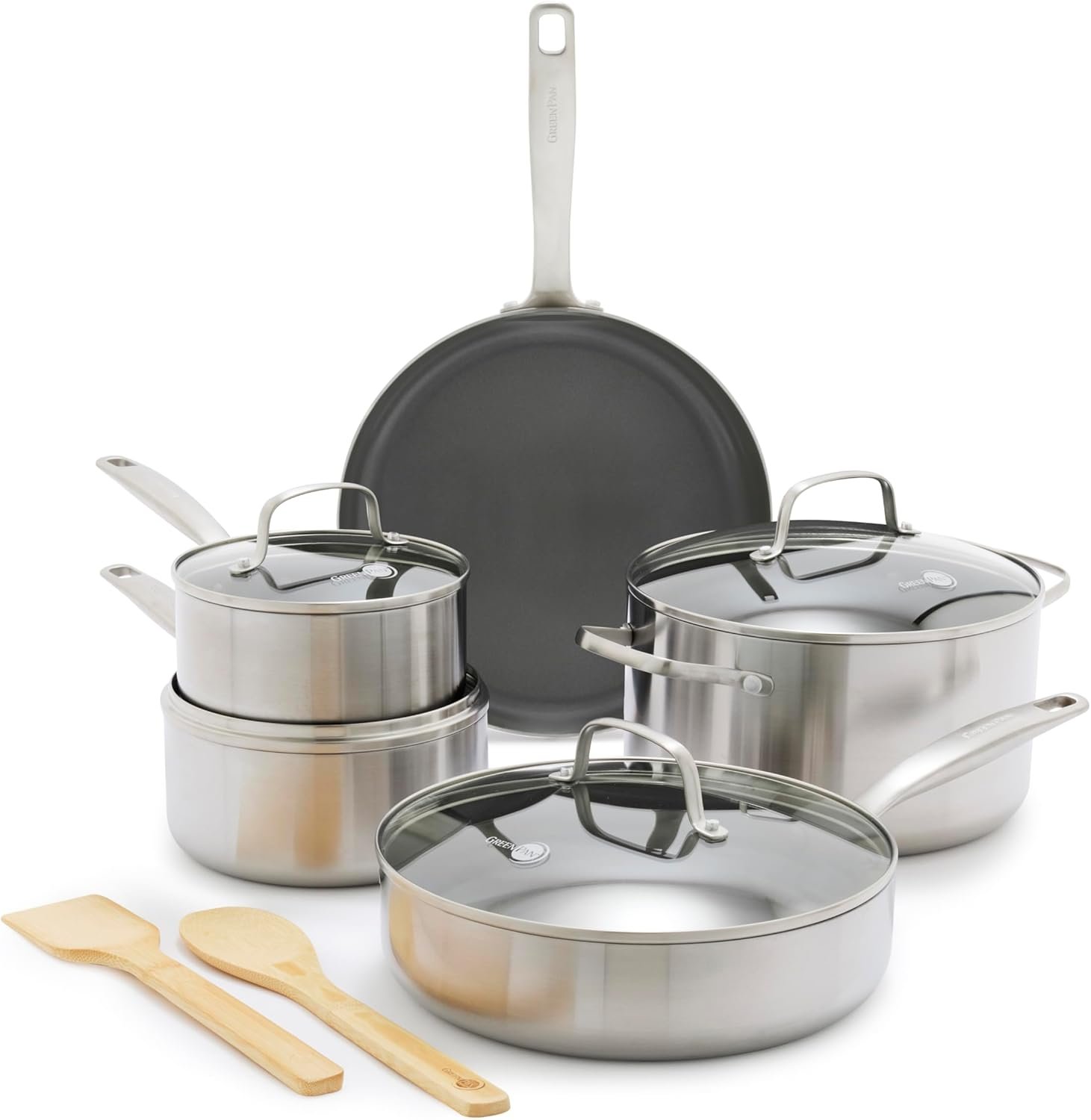 GreenPan Chatham 12 Piece Stainless Steel Cookware Set, Non-Toxic PFAS-Free Healthy Ceramic Nonstick, Dishwasher Safe, Oven Safe, Frypan Skillet Sauté Saucepan, Bamboo Utensils, Silver