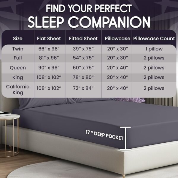 SLEEP SANCTUARY 100% Organic Viscose Derived from Bamboo Sheets King Size 4pcs - Ultra Soft & Luxuriously Cooling, 17" Deep Pocket, Perfect for Hot Sleepers - King Bed Sheets (Grey) - Image 5
