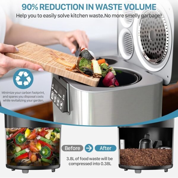 3.8L Electric Composter for Kitchen Indoor: Large Capacity Odorless Composter Kitchen Counter, Smart Auto Garbage Disposal Home Compost Machine With Timer Display, Turn Waste to Pre-Compost for Plants - Image 2
