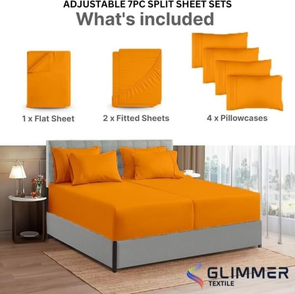 100% Organic Cotton| 1000tc| Split King Size 7pcs Sheet Set| Comfy & Very Soft| Comfort Like Hotel| Luxury Bed Sheets for Men & Women| deep Pocket 18 inch| Wrinkle Free| Orange - Image 4