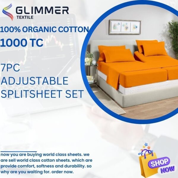 100% Organic Cotton| 1000tc| Split King Size 7pcs Sheet Set| Comfy & Very Soft| Comfort Like Hotel| Luxury Bed Sheets for Men & Women| deep Pocket 18 inch| Wrinkle Free| Orange - Image 7