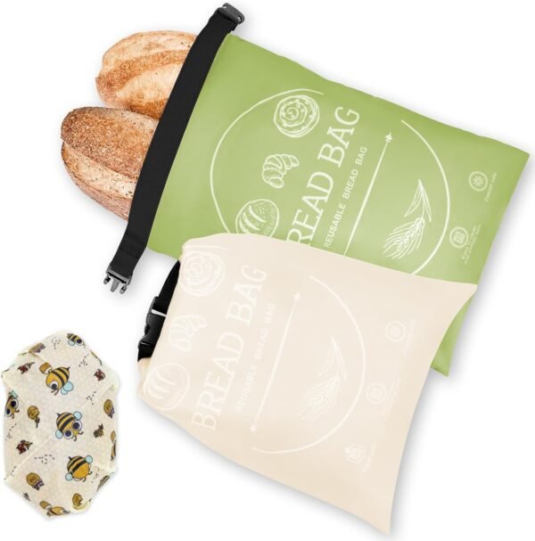 2 Pack Small Reusable Bread Bags for Homemade Bread with Beeswax Wraps for Food, Sourdough Bread Baking Supplies, Sourdough Bread Bags & Beeswax Wrap for Bread Storage, Green & Khaki