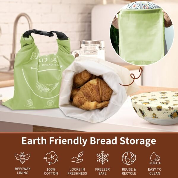 2 Pack Small Reusable Bread Bags for Homemade Bread with Beeswax Wraps for Food, Sourdough Bread Baking Supplies, Sourdough Bread Bags & Beeswax Wrap for Bread Storage, Green & Khaki - Image 4