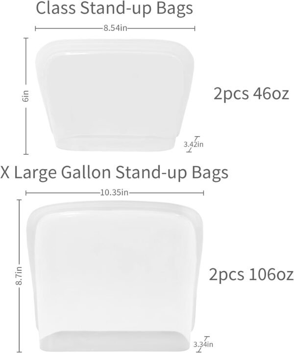 KVK Extra Large Reusable Silicone Bags 128fl oz LFGB Certified Reusable Food Storage Bag Stand up Gallon Bags for Cook Store Sous Vide Oven & Dishwasher Safe 44oz&128oz 4 Pack Clear&Pink - Image 2