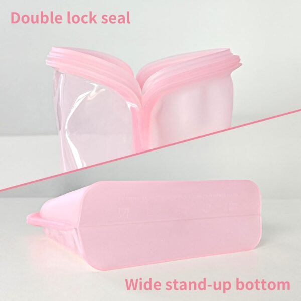 KVK Extra Large Reusable Silicone Bags 128fl oz LFGB Certified Reusable Food Storage Bag Stand up Gallon Bags for Cook Store Sous Vide Oven & Dishwasher Safe 44oz&128oz 4 Pack Clear&Pink - Image 4