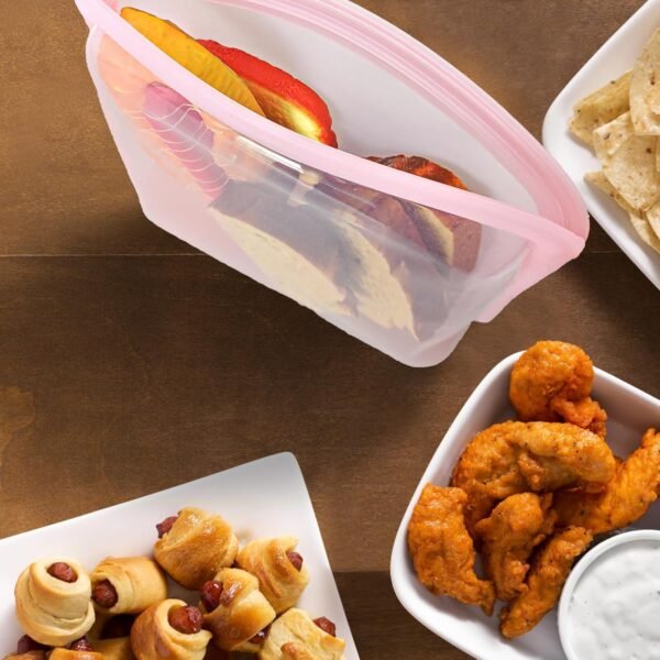 KVK Extra Large Reusable Silicone Bags 128fl oz LFGB Certified Reusable Food Storage Bag Stand up Gallon Bags for Cook Store Sous Vide Oven & Dishwasher Safe 44oz&128oz 4 Pack Clear&Pink - Image 6