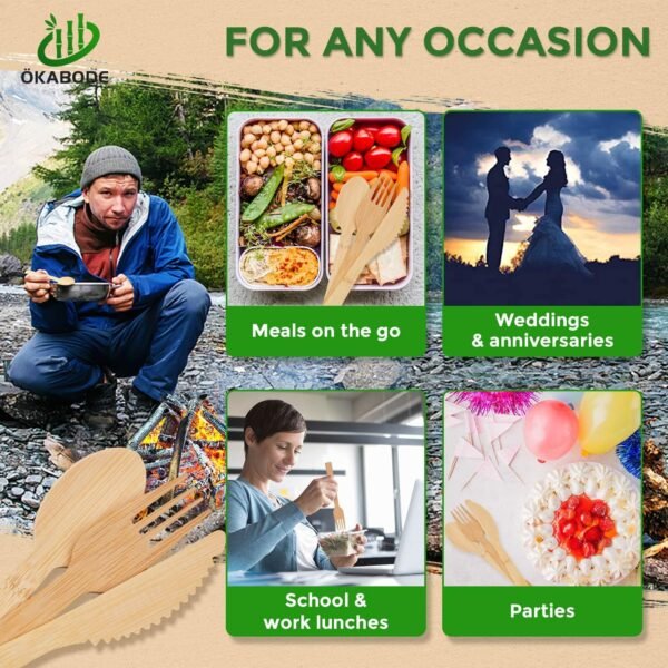 Disposable Bamboo Utensils, 200 Pack | 100% Bamboo Cutlery NOT Wooden Cutlery | Eco-Friendly Compostable Cutlery | 100% Biodegradable Utensils | 100 Bamboo forks, 50 Knives, 50 Spoons… - Image 5