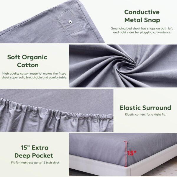 Grounding Sheets King Size, Organic Cotton 95%+Pure Silver 5%, Earthing Bed Sheets,Fitted Bed Sheet with Grounding Cord for Better Sleep (King, Deep Gray - 76"x 80"x 15" Deep Pocket) - Image 7