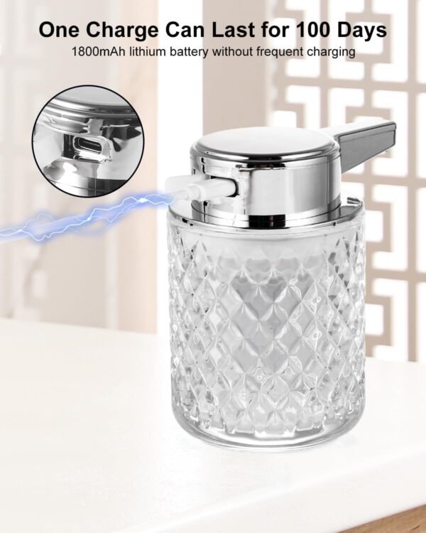 Automatic Soap Dispenser, Foaming Hand Soap Dispenser, Touchless Refillable Clear Glass Soap Dispenser with Pump, Diamond Embossed, Electric Dish Soap Dispenser for Bathroom, Kitchen - Image 3