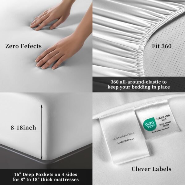 100% Organic Eucalyptus Queen Sheets Set - Cooling Tencel Bed Sheets Queen Size, Silky Soft & Smooth Lyocell Sheets Set with Deep Pocket, Sheet & Pillowcase Sets（Queen, White - Image 6