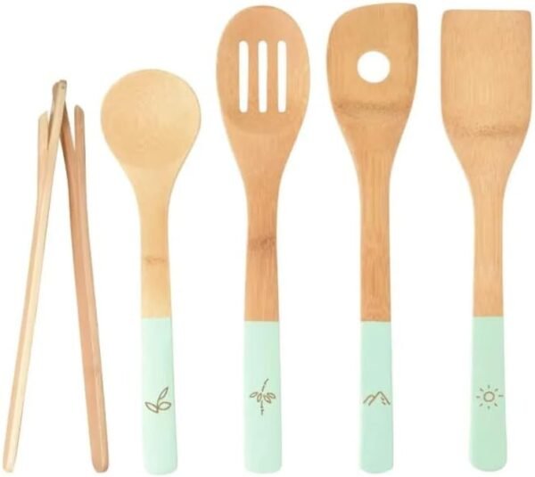 Bamboo Cooking & Serving Utensils Set 5 PCS Organic Kitchen Accessories Wooden Solid Turner Spatula Slotted Spoon Kitchen Essentials Kit With Utensil Holder - Image 5