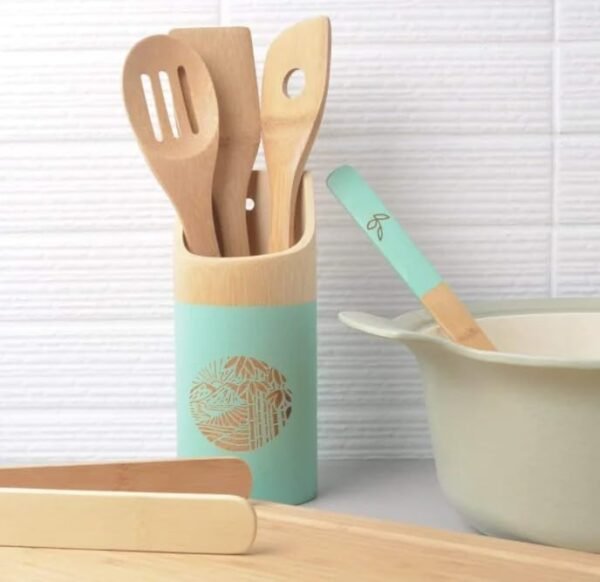 Bamboo Cooking & Serving Utensils Set 5 PCS Organic Kitchen Accessories Wooden Solid Turner Spatula Slotted Spoon Kitchen Essentials Kit With Utensil Holder - Image 4