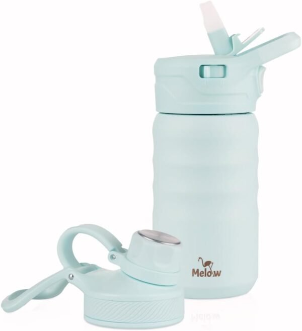 MELOW 12 oz Kids Water Bottle, Stainless Steel Insulated with Straw and Chug Lid, 2 Lids, Leak-Proof, Easy to Clean, Perfect for School, Camp, Water, Milk, Juice (Seablue)