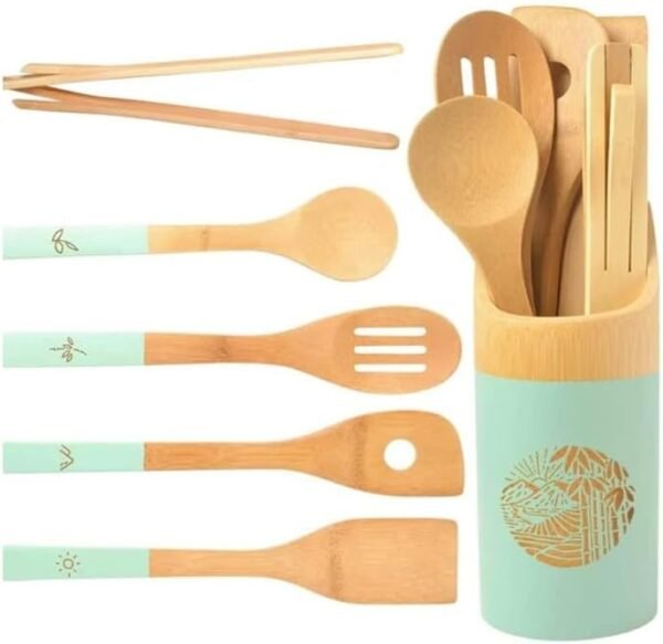 Bamboo Cooking & Serving Utensils Set 5 PCS Organic Kitchen Accessories Wooden Solid Turner Spatula Slotted Spoon Kitchen Essentials Kit With Utensil Holder