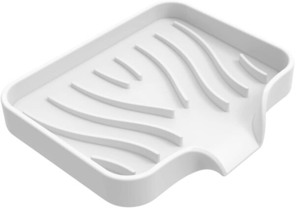 Silicone Soap Dish with Drain Spout - Self Draining Bar Soap Holder for Shower Bathroom Sink, Drying Soap Dish Tray Kitchen Sponge Holder Easy Cleaning Soap Saver Mat 4.7"×3.9" (White, Trumpet)