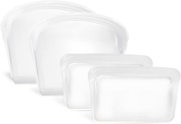 KVK Reusable Silicone Bags for Food Storage, 4 Pack Heavy Duty Silicone Ziplock Bags, Leakproof Reusable Sandwich Bags, Snack Bags, Oven Safe, Microwave Safe, Dishwasher Safe, Food Grade, Clear