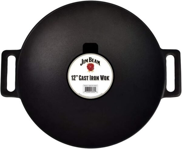 Jim Beam 12'' Pre Seasoned Heavy Duty Construction Cast Iron Grilling Wok, Griddle and Stir Fry Pan - Image 3