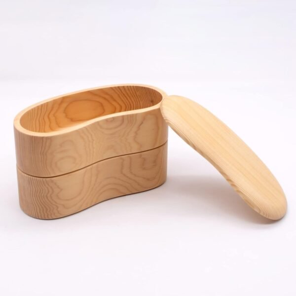 Wakayama Wappa Bento Box Store A-75-273509 Wooden Hollow Bento Box Box, Approx. 6.3 x 2.8 inches (16 x 7 cm), 2-Tier, Bean Shape, Natural - Image 2