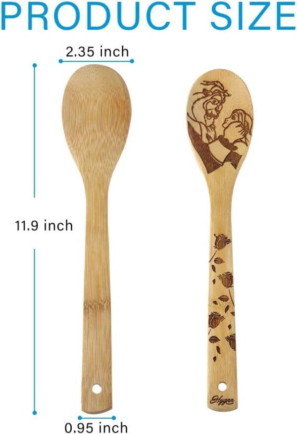 Beauty and the Beast Burned Wooden Spoons Cooking &Serving Utensils Set Bamboo Spoon Slotted Kitchen Utensil Fun Gift Idea Warming Present (Set of 5) - Image 2