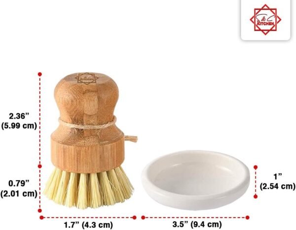 S & C Kitchen - Bamboo Scrub Brush with a Ceramic Holder - Cleaning Dishes, Pots, Sinks - Natural Bamboo (Sisal) Bristles - Bamboo Pot Cleaning Brush - 1PC + Plate Set - Image 2