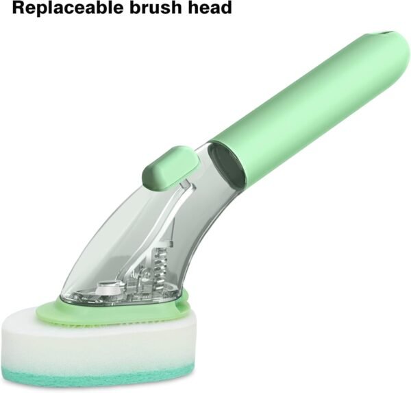 DAPOWER Dish Brush with Handle, Dish Scrubber with Soap Dispenser, Kitchen Scrub Brush for Dishes Pots Pans Sink Cleaning, 4 Replaceable Brush Heads (Green) - Image 8