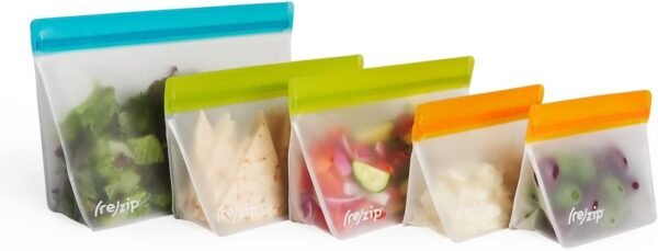 rezip 5-Piece Stand-Up Reusable Bag Kit | BPA-Free, Food Grade, Leakproof, Freezer and Dishwasher Safe | Quart (1), 2-Cup (2), Snack (2) | Multicolor
