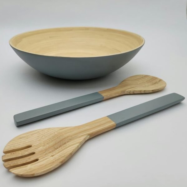 Bamboo Wooden Salad Bowls Set Large Bamboo Wood Serving Bowl for Fruits 11.8" Big Salad Bowl with Serving Utensils Bowl for Kitchen Counter Wood Bowls for food Wooden Serving Bowl for Snacks (Gray) - Image 8