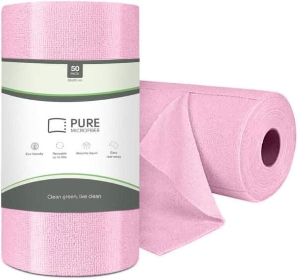 Reusable Paper Towel - Microfiber Cleaning Cloth Roll, Lint-Free, Non-Abrasive, Highly Absorbent, Ultra-Fine Material - Ideal for Home, Auto, Pro Cleaners, Opticians & Photographers (Pink)