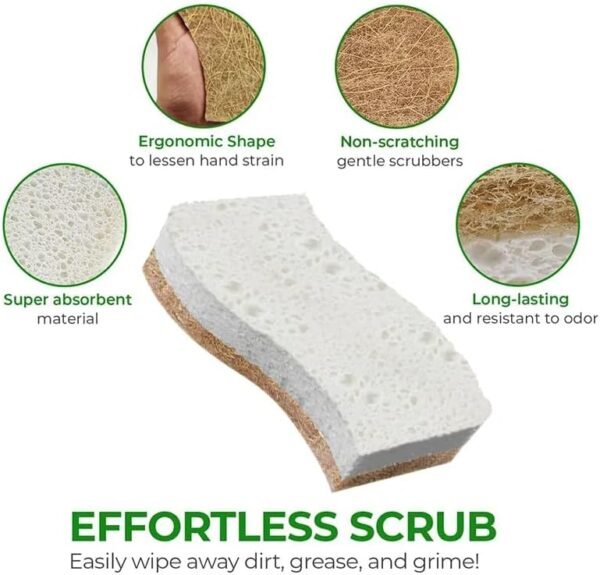 Eco Friendly Scrubbing Sponge, 6-Pack, Biodegradable, All Natural, Plant Based Kitchen and Bath, Multi-Surface Scrubber Sponge - Image 2