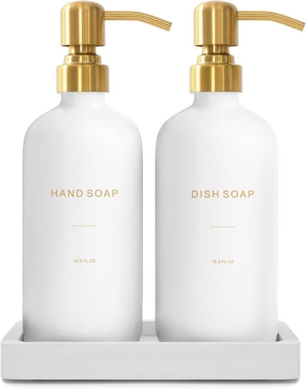 Gold Soap Dispenser Set, Glass Soap Dispenser with Gold Stainless Steel Pump, Perfect for Modern Kitchen Counter Decor. (Gold)