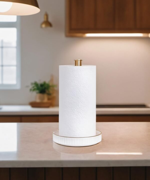 VROOMIUM Gold Paper Towel Holder Countertop, Ceramic Base Easy-to-Clean, 1.4 lbs, 7" B x 12.5" H, Stable Elegant and Durable Kitchen Roll Stand - Image 5