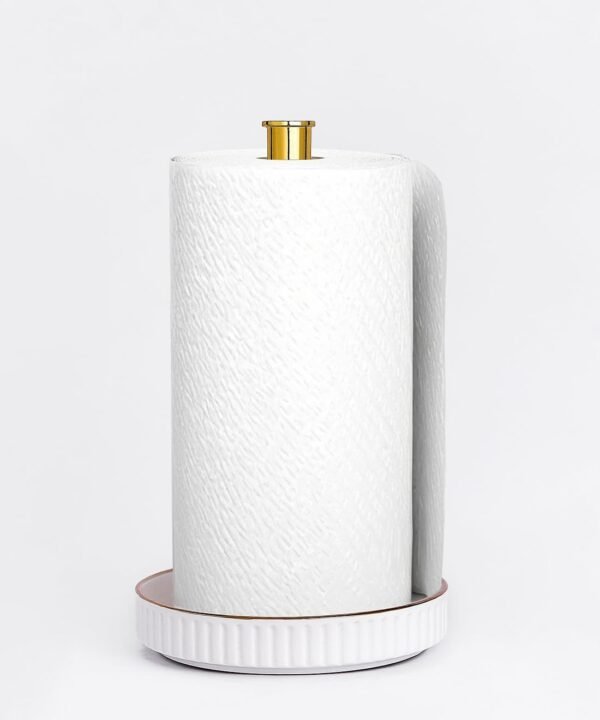 VROOMIUM Gold Paper Towel Holder Countertop, Ceramic Base Easy-to-Clean, 1.4 lbs, 7" B x 12.5" H, Stable Elegant and Durable Kitchen Roll Stand - Image 4
