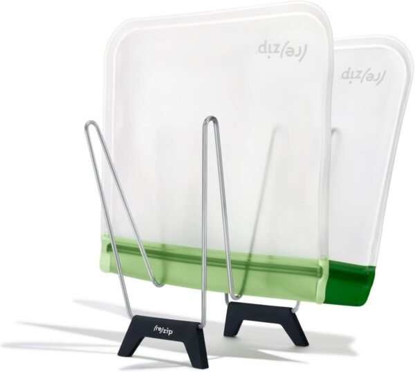 (re)zip Reusable Bag Drying Rack and Organizer | Includes 2 Reusable Leakproof Flat Lunch Bags | Wide Prongs for Drying, Vertical Storage for Easy Access | Disassembles for Effortless Storage