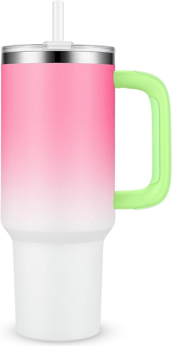 Sursip 40 oz Insulated Tumbler with Handle and Straw-Stainless Steel Vacuum Insulated Mug,Gifts for Women Men Him Her,Iced Tea or Coffee,Drinks Cold up to 24 Hours,Fit Car Holder-Pink&White