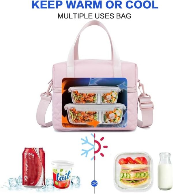 NOL Natural Organic Lifestyle Women Reusable Lunch Bag Leakproof Medium Insulated Nylon Cooler Bag with Detachable Strap (Pink) - Image 2