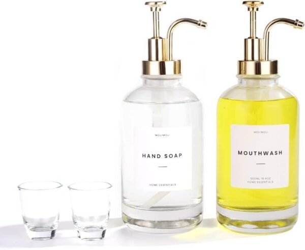 Molimoli Hand Bathroom Soap Dispenser Set, Glass Mouthwash Dispenser for Bathroom, Dish Soap Dispenser for Kitchen Sink, Soap Dispenser Pump, 500ml/16.9 Oz, Set of 2, Gold