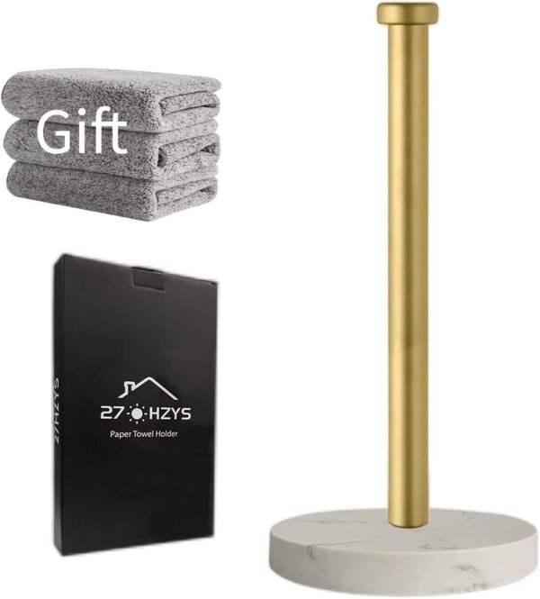 Paper Towel Holder Countertop, Standing Paper Towel Roll Holder for Kitchen Bathroom, with Weighted Marble Base for One-Handed Operation (Gold), Gold Paper Towel Holder, Marble Paper Towel Holder.…
