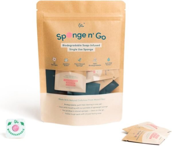 Sponge n' Go: 20-Pack Mini Travel Dish Soap & Sponges | Biodegradable, Soap-Infused, Single-Use Cellulose Compressed Sponges | Your On-The-Go Cleaning Companion for Trips, Camps, Work
