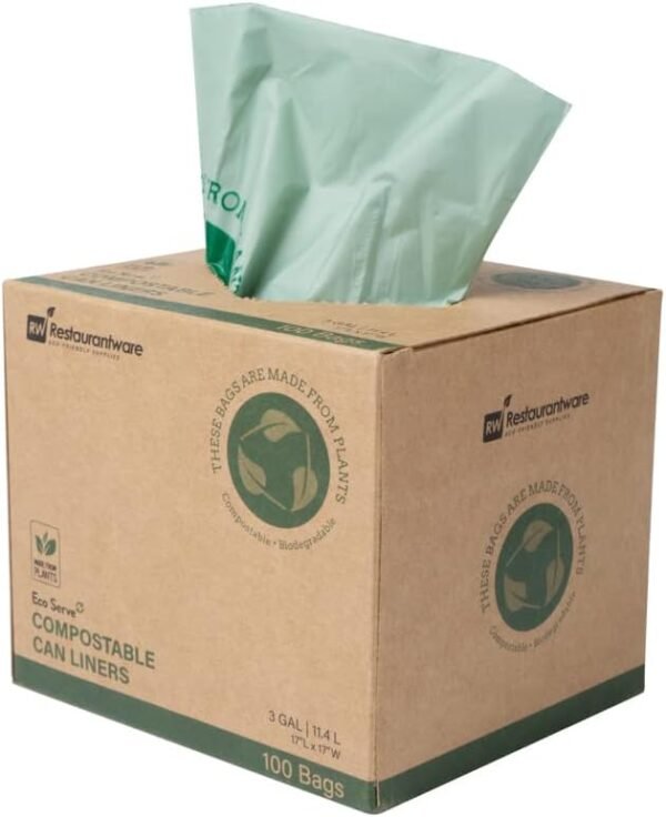 RW Eco 3 Gallon Biodegradable Garbage Bags, 100 Compostable Trash Bags - Star Seal Bottom, Won't Tear Or Leak, Green Plastic Trash Can Liners, Strong, For Office And Homes - Restaurantware