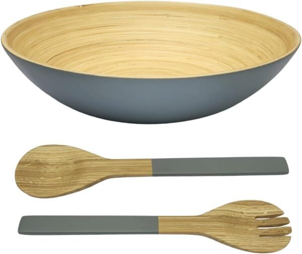 Bamboo Wooden Salad Bowls Set Large Bamboo Wood Serving Bowl for Fruits 11.8" Big Salad Bowl with Serving Utensils Bowl for Kitchen Counter Wood Bowls for food Wooden Serving Bowl for Snacks (Gray)