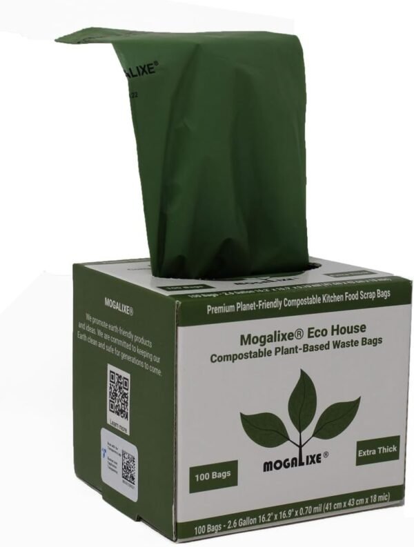 Compostable Trash Bags, 2.6-3 Gallon, 100 Bags Total Count, 100% Certified, Highest ASTM D6400 Rated, Plant-Based, Extra Thick, Compostable Kitchen Food Scrap Bags, Kitchen Compost Bin