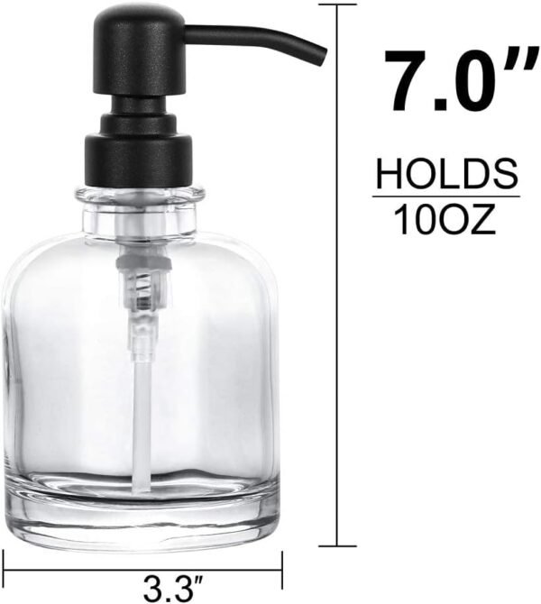 2 Pcs Thick Clear Glass Jar Hand Soap Dispenser Bathroom with Matte Black Stainless Steel Pump, 12ounce Clear Boston Round Bottle Dispenser with Rustproof Pump for Kitchen Dish - Image 2