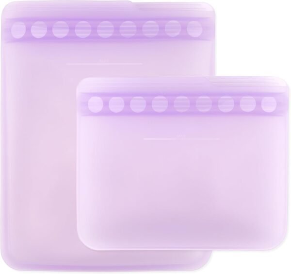 Bumkins Silicone Reusable Sandwich and Snack Bags, Storage, Food Prep, Lunch Bag, Washable Zip Bag, Microwave, Freezer and Dishwasher Safe, Travel, Leak Resistant, Sticky Lining Locks Out Air (Purple)
