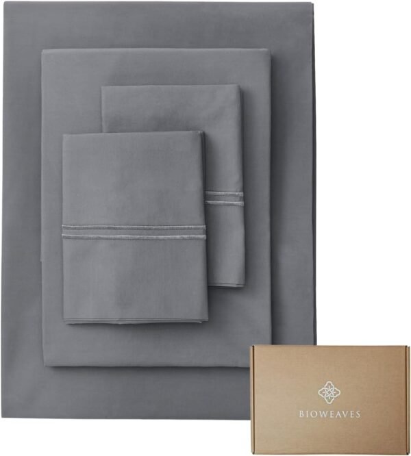 BIOWEAVES 100% Organic Cotton Percale Weave California King Sheet Sets – Crisp, Soft & Naturally Cooling, 300 Thread Count GOTS Certified Cal King Sheets, 17” Deep Pocket – 4 Piece Set, Steel Grey