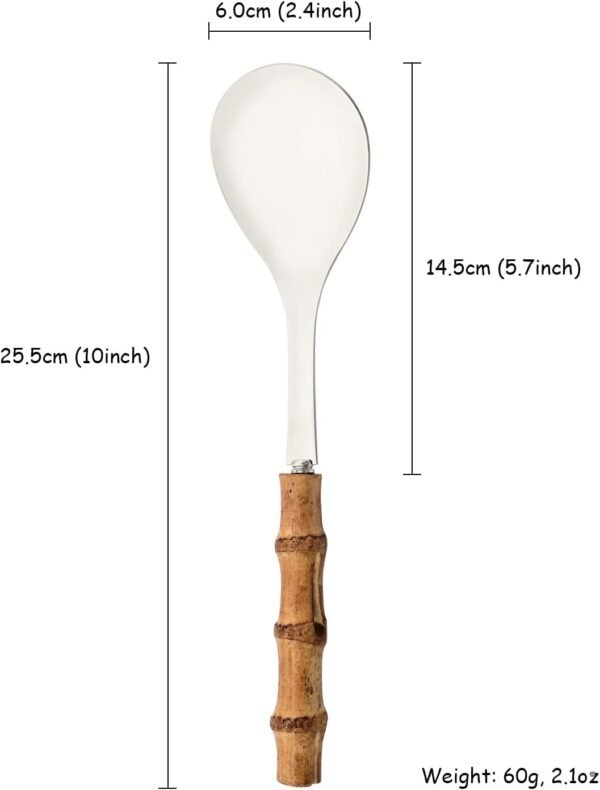 Natural Bamboo Handle Serving Spoons Set of 6, Large Size Stainless Steel Dinner Buffet Catering Banquet Serving Spoons, 10.0" Silver Big Ladle Tablespoons for Home, Family Serving Utensils - Image 2