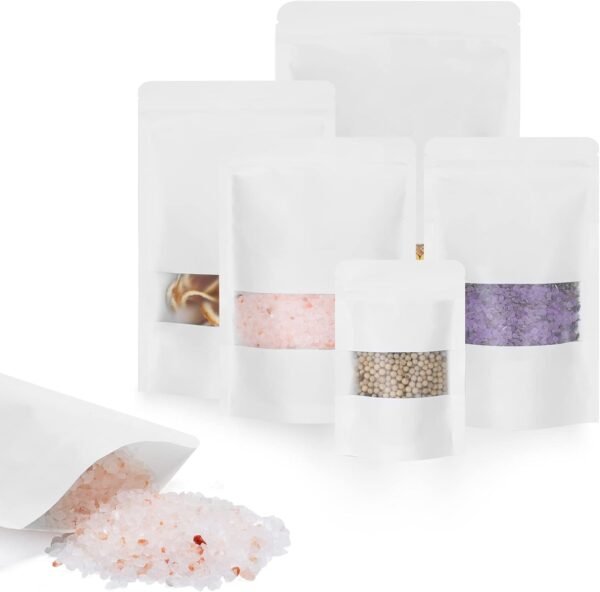 100pcs Kraft Bags with Window 4.7x7.8 Inches White Reusable Sealable Zip Lock Food Storage Stand up Paper Pouches for Home or Business