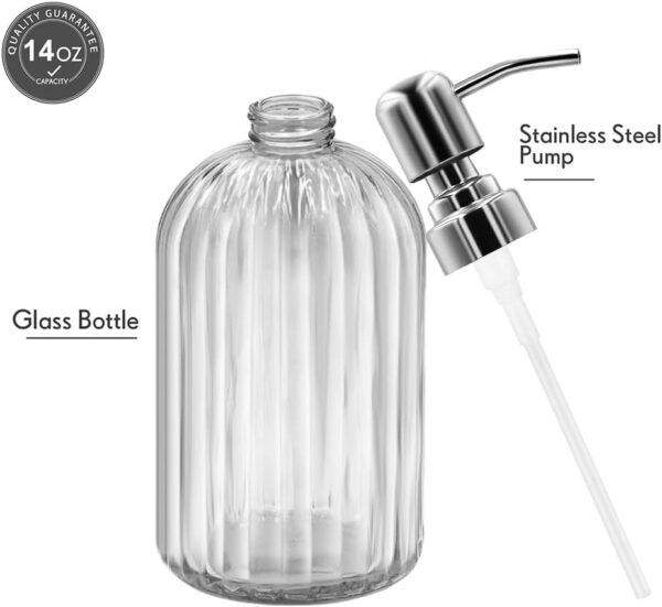 Soap Dispenser - 2 Pack 14 Oz Glass Soap Dispenser with Rust Proof Stainless Steel Pump, Refillable Liquid Bottle Dispenser, Premium Hand Jar Dispenser for Bathroom, Kitchen, Countertop (Transparent) - Image 2